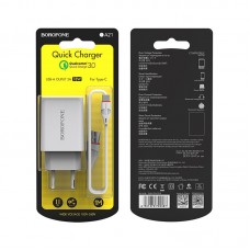 Зарядное сетевое сзу USB Borofone BA21A быстрое QC 3.0 + type-C белый