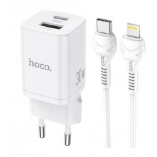 Зарядное сетевое сзу USB Hoco N13 быстрое QC 3.0 30W +PD +кабель Lightning белый